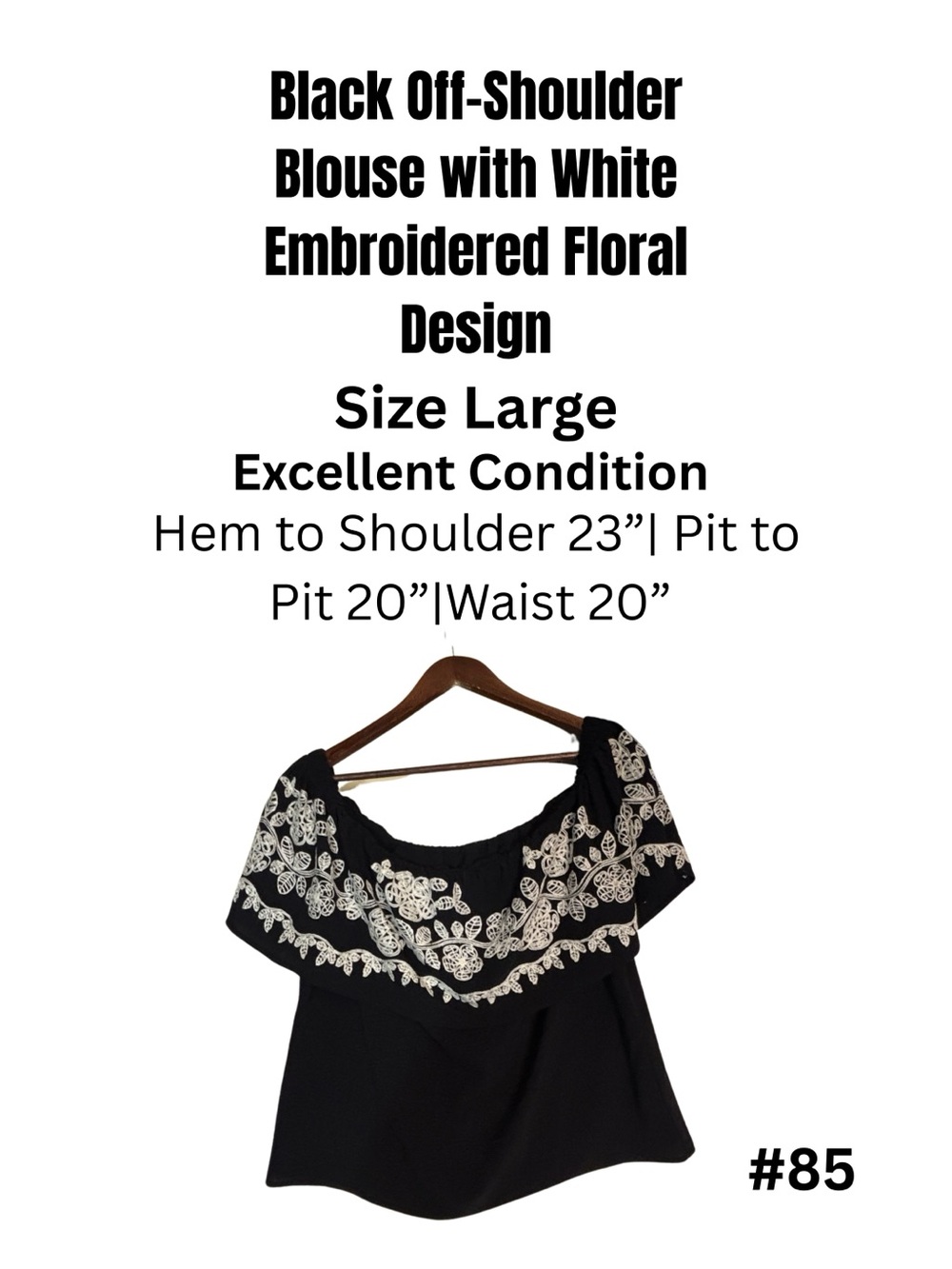 Boho Off Shoulder Floral Embroidered Peasant Blouse Black White Large